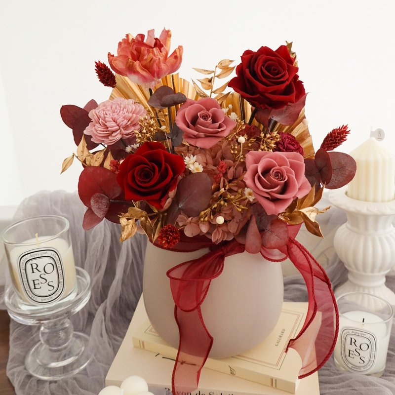 永生花开幕花礼大肚盆花-红金色 - 干燥花/捧花 - 植物．花 红色