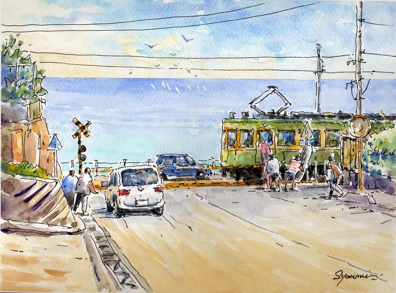 镰仓高中前的铁路道口风景原创水彩画 - 海报/装饰画/版画 - 纸 蓝色