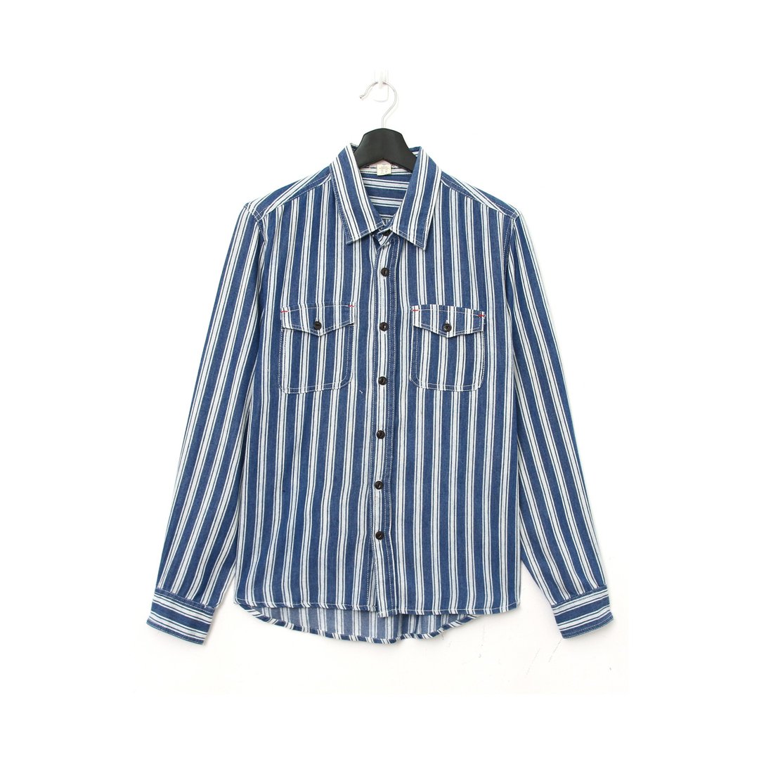 Back to Green- 长袖条纹衬衫 丹宁蓝白  vintage shirt - 男装衬衫 - 棉．麻 