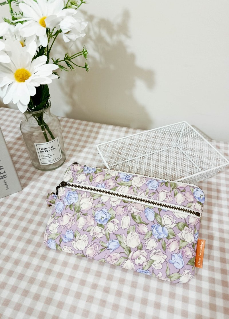 拾光系列零钱包/万用包/拉链收纳包/浪漫花园款 - 皮夹/钱包 - 棉．麻 紫色