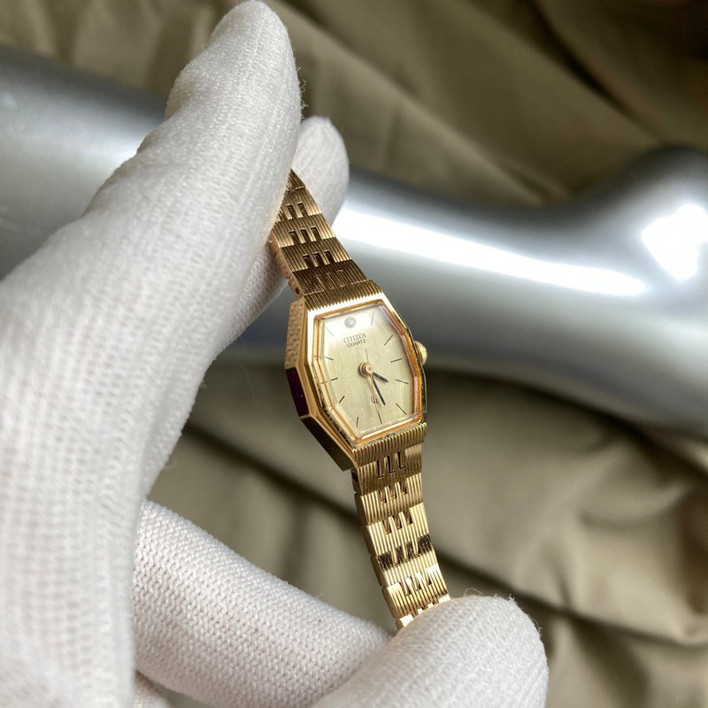 CITIZEN 金八角表壳 水钻时标 早期特制立体镜面与表带 古董表 - 女表 - 其他金属 金色