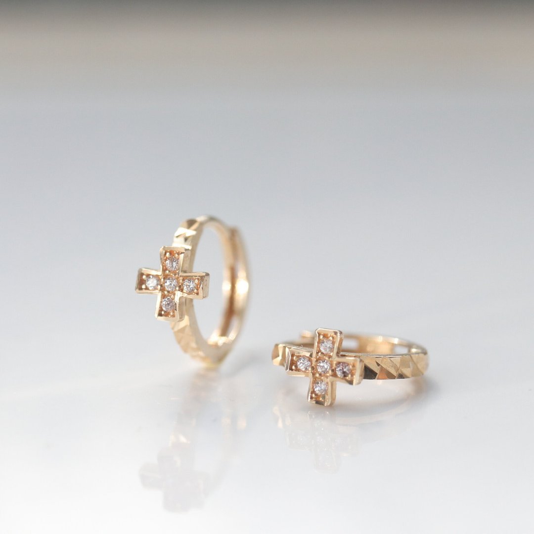 14K Cross Cutting Lock earring 十字切割耳扣耳环 - 耳环/耳夹 - 贵金属 金色
