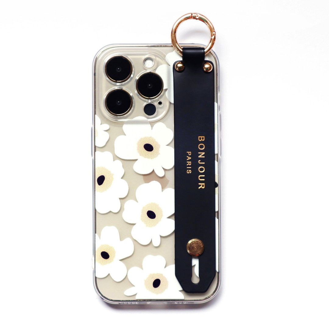 iPhone 16/15/14 透明奶白罂粟花手带手机壳 - 手机壳/手机套 - 塑料 白色