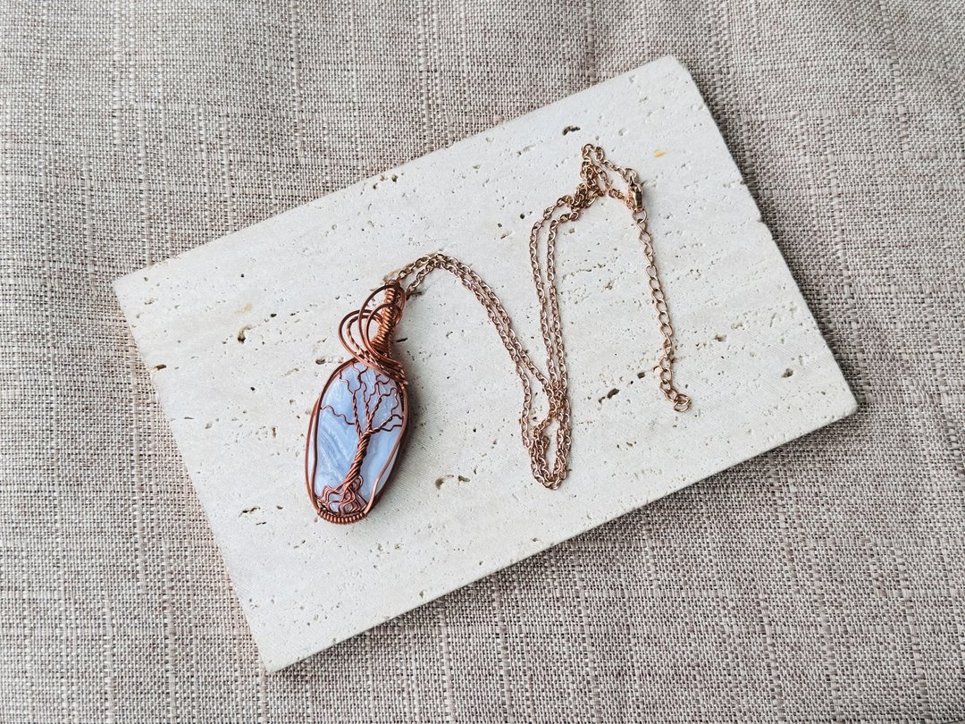 230609 wire wrapping 蓝纹玛瑙 铜线 绕线 吊堕 - 项链 - 铜/黄铜 蓝色