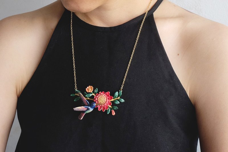Humming Melody Necklace Humming Bird Colorful Statement necklace - 项链 - 铜/黄铜 多色