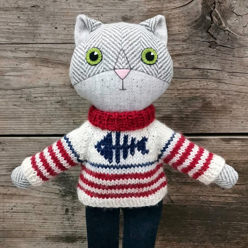 灰猫男孩手工羊毛毛绒公仔毛绒小猫玩具 - 玩具/玩偶 - 羊毛 多色