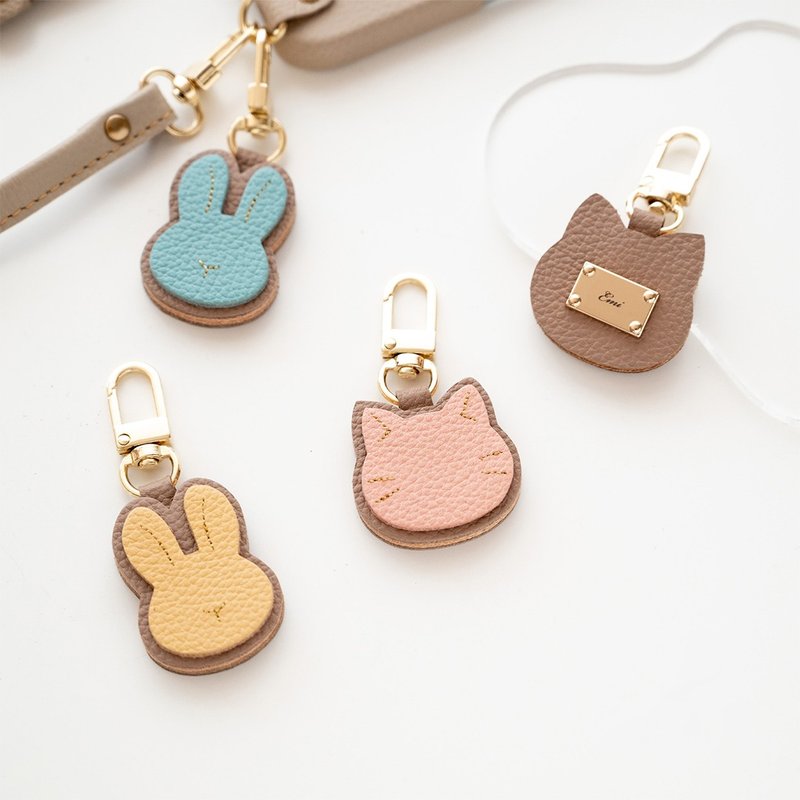 贴布绣风格 猫咪 兔子 吊饰 【 缩皱皮革 】 名字吊牌 礼物赠品 HW11K - 吊饰 - 真皮 粉红色
