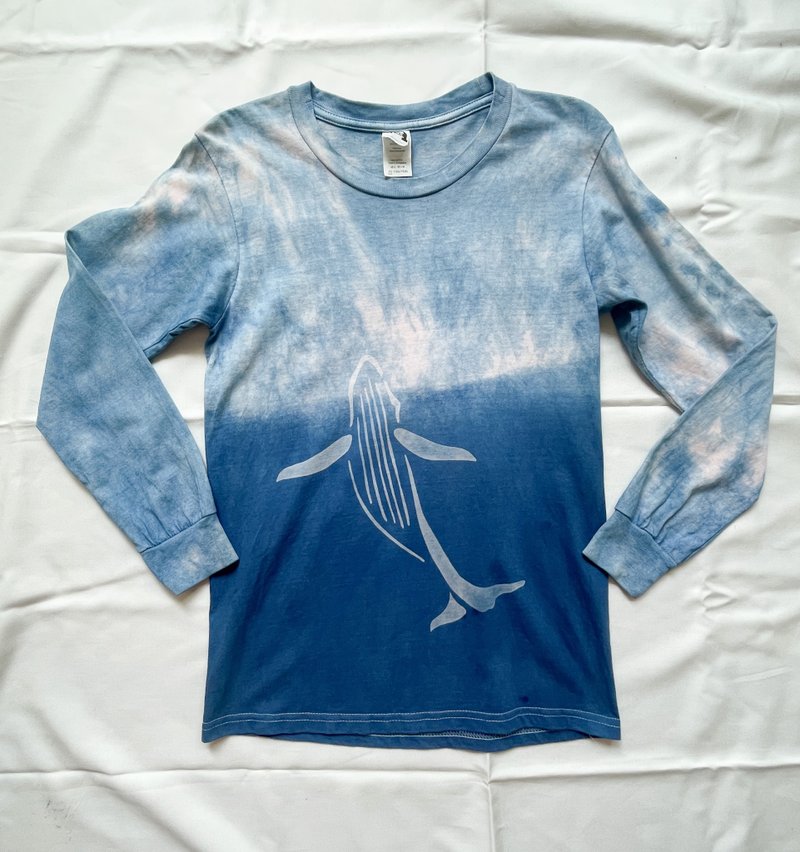 日本制 手工染色鲸鱼长袖圆领 TEE 靛蓝染色 Shibori - 中性连帽卫衣/T 恤 - 棉．麻 蓝色