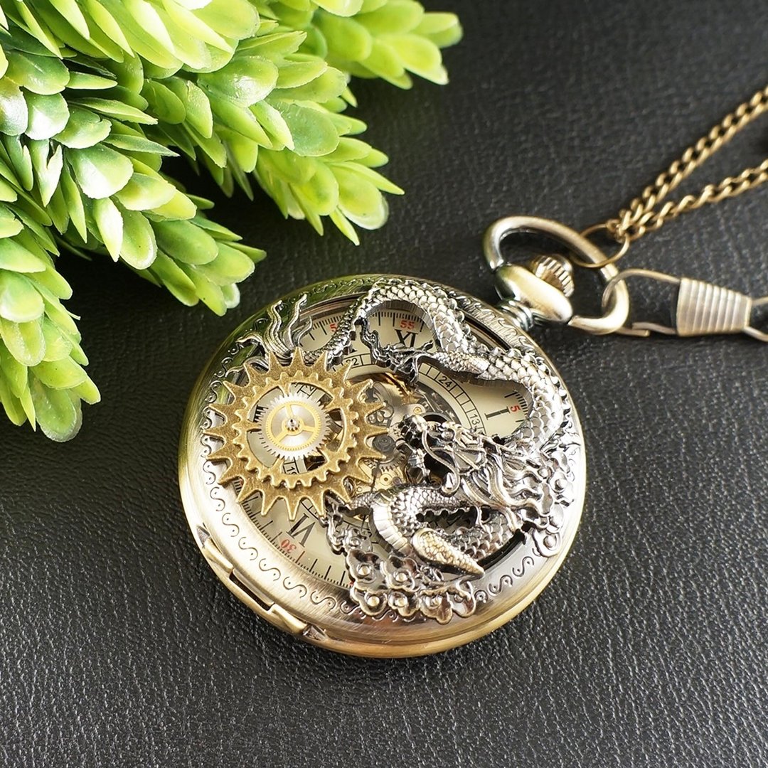 Mechanical Pocket Watch Pendant Steampunk Dragon Necklace Jewelry Accessory Gift - 男表/中性表 - 其他金属 金色