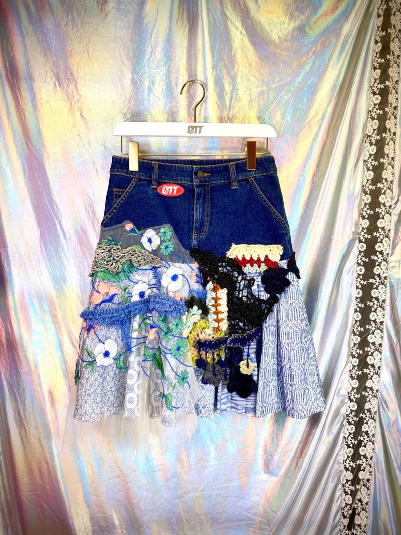 OTT独一无二•Unique*日系民族手抅手织花和式布压褶牛仔裙* - 裙子 - 其他材质 蓝色