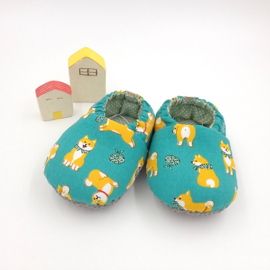 白眉柴犬(绿底)-初步鞋/成长鞋/漫步鞋 - 婴儿鞋 - 棉．麻 绿色