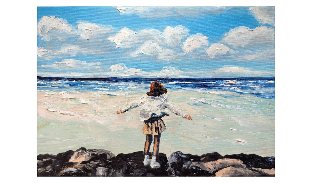 原画 海滩上的女孩 挂画 海景画 家居装饰画 - 墙贴/壁贴 - 其他材质 蓝色