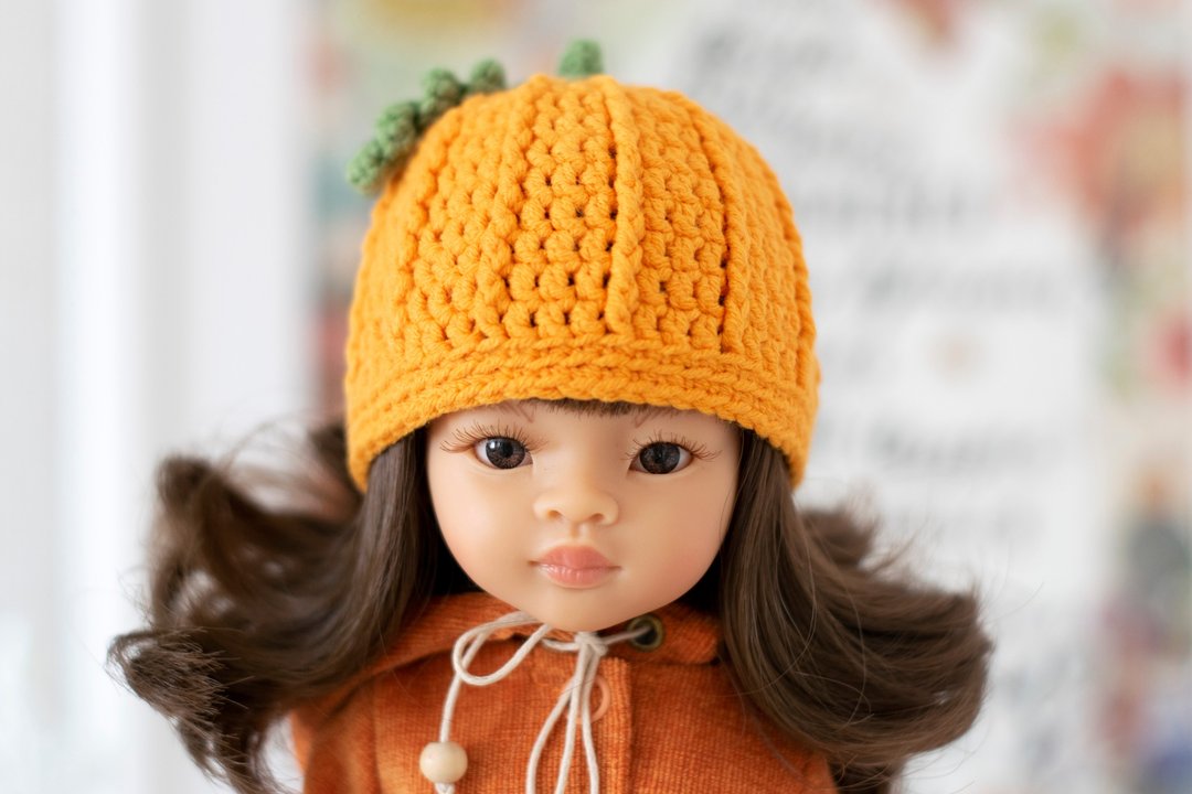 Knit pumpkin hat for doll Paola Reina, Siblies, Corolle, Little Darling, 针织帽 - 玩具/玩偶 - 棉．麻 橘色