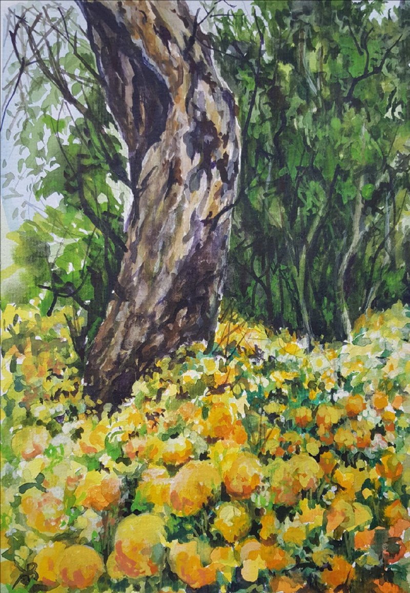 毛茛属森林老树水彩原画森林空地墙壁艺术 - 海报/装饰画/版画 - 纸 黄色