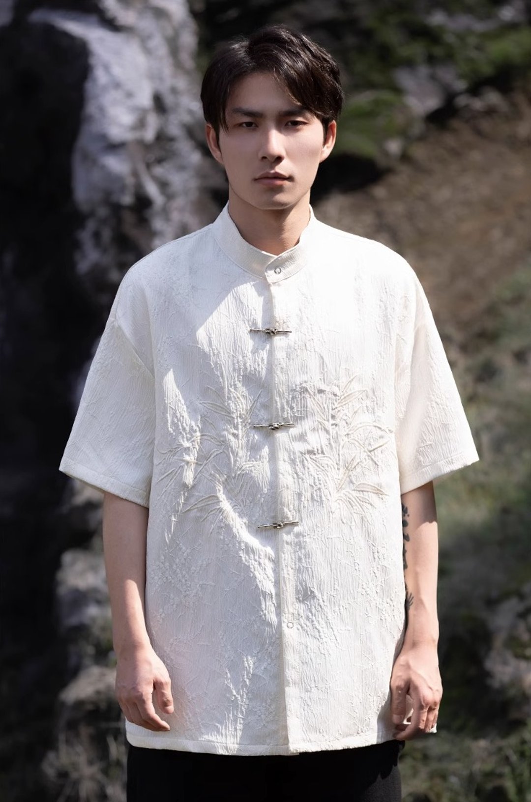 新中式复古 盘扣立领短袖衬衫 - 男装衬衫 - 其他材质 白色