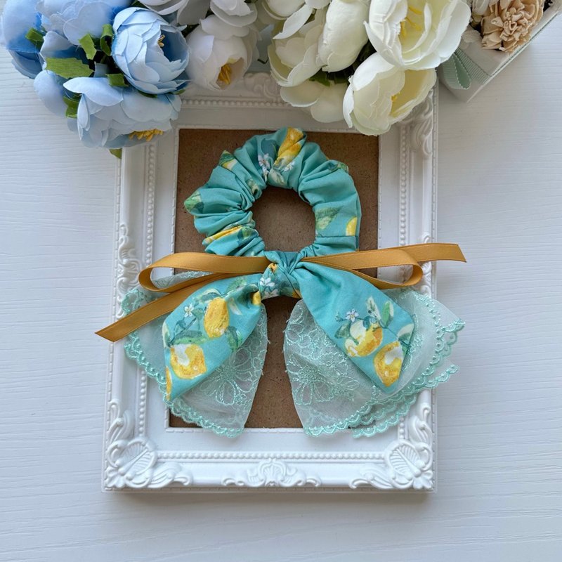 棉布蕾丝浪漫风格发圈大肠圈发饰-薄荷柠檬 - 发饰 - 其他材质 绿色