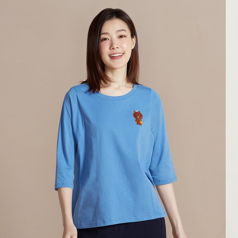 LINE FRIENDS | 熊大棒球绣花七分袖上衣 - 女装上衣 - 棉．麻 蓝色
