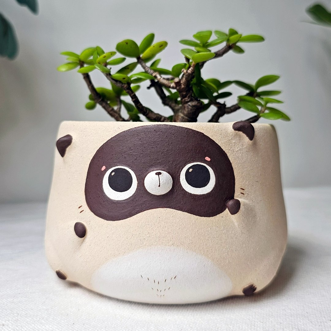 White tanuki plant pot. Handmade succulent planter. - 花瓶/陶器 - 陶 