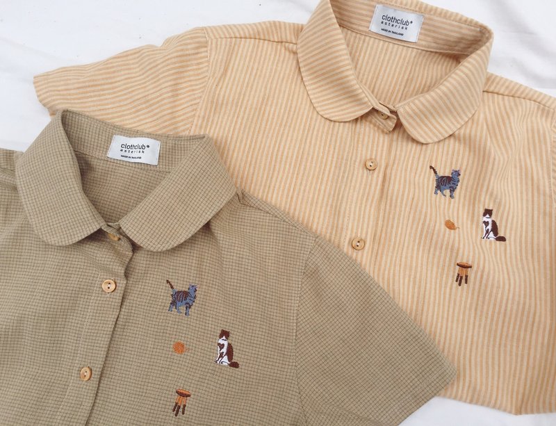 Cat Shirt (green with grid pattern) - 女装上衣 - 绣线 绿色