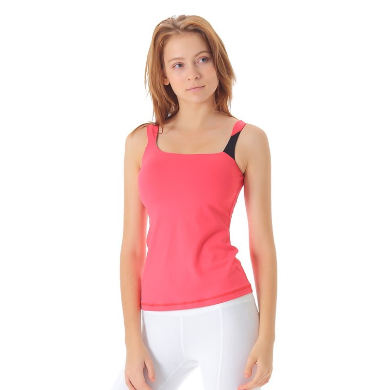 【NAMASTE】Elsa 不对称剪接美背瑜珈服 - 珊瑚红 - 女装瑜珈服 - 尼龙 粉红色