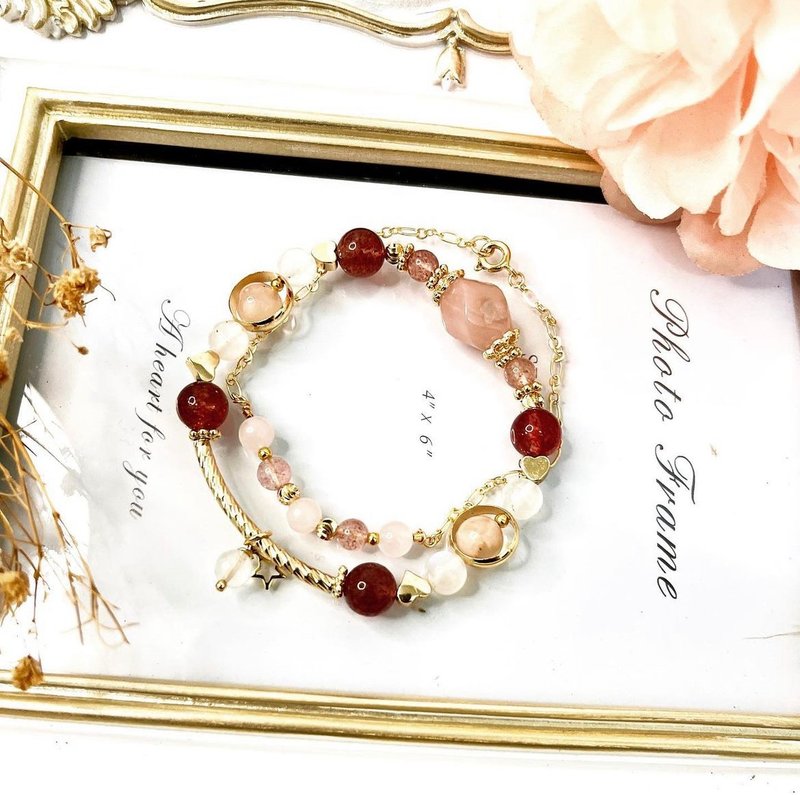 恋爱星光*招桃花、心旷神怡水晶*星光草莓晶、月光石、粉晶、玛瑙 - 手链/手环 - 水晶 粉红色