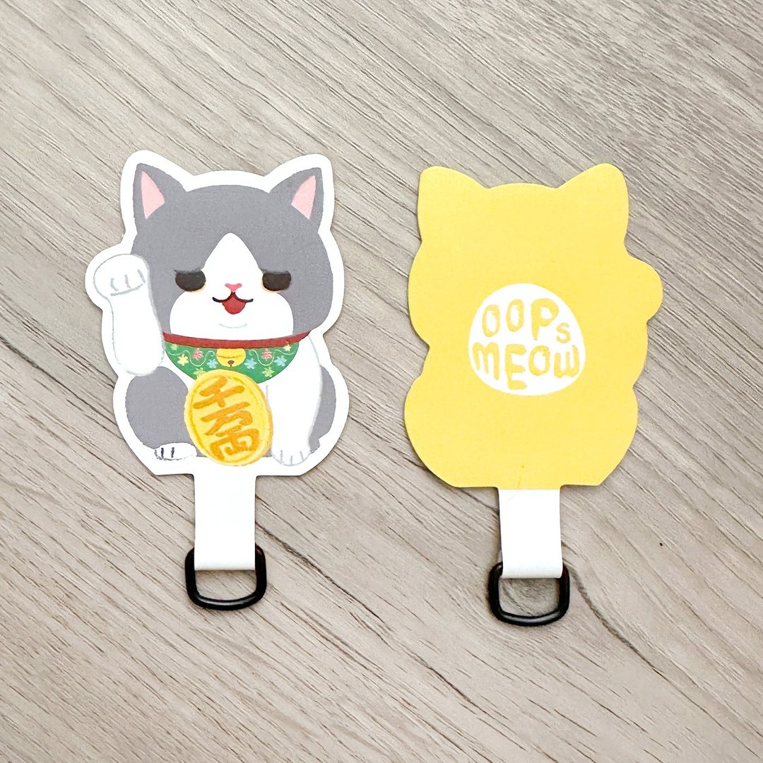 Oops Meow - 灰白色招财猫手机挂片 手机夹片 - 挂绳/吊绳 - 塑料 多色