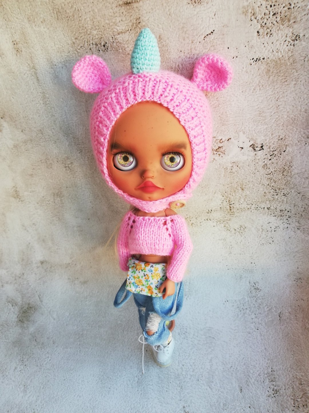 Set of clothes for Blythe doll helmet  pink Unicorn plus knitted top - 玩偶/公仔 - 棉 粉红色