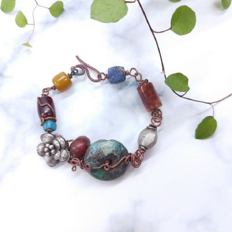 【独一商品】纯手工绿松石*纯银*青金石*红玉髓*红铜什锦手串 - 手链/手环 - 宝石 多色