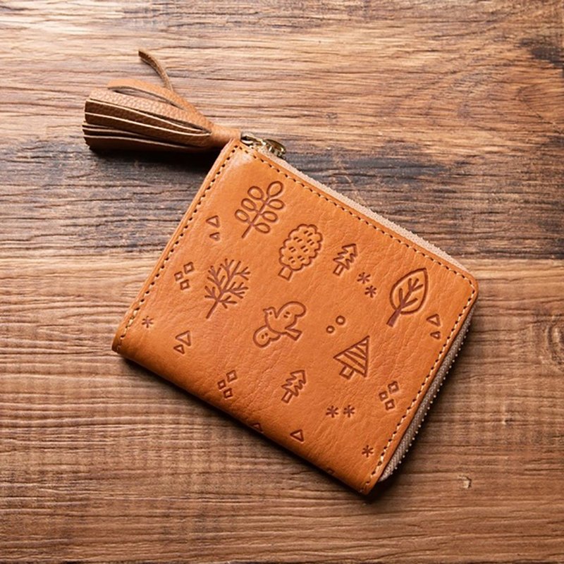 【日本手工制】 短夹 压花设计 流苏吊饰 系统收纳 RFID防盗 橘色 - 皮夹/钱包 - 真皮 橘色