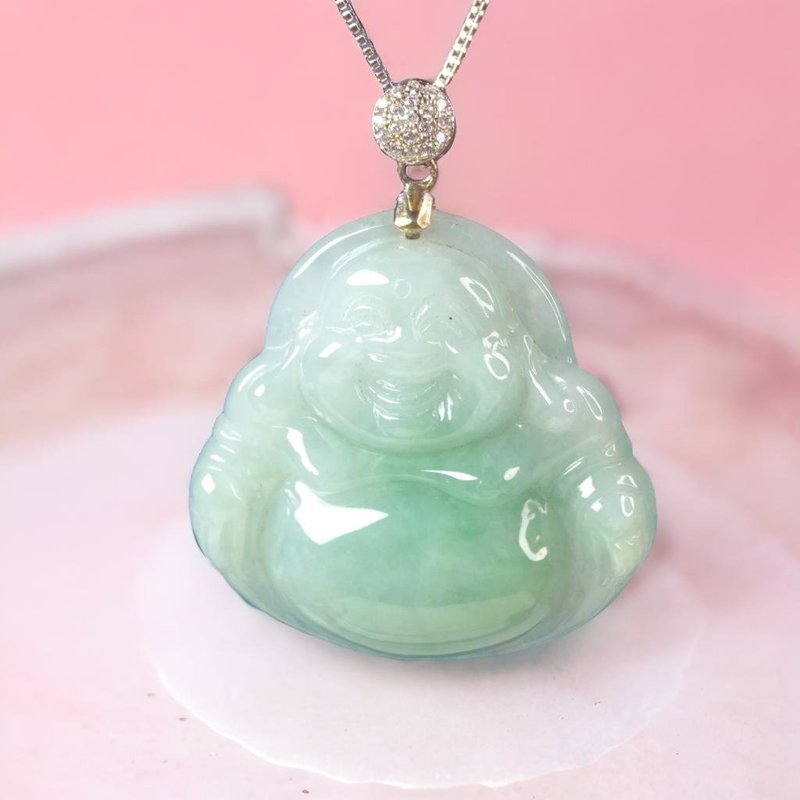 飘绿翡翠弥勒佛项链 925纯银坠头 | 天然缅甸玉翡翠A货 | 送礼 - 项链 - 玉石 绿色