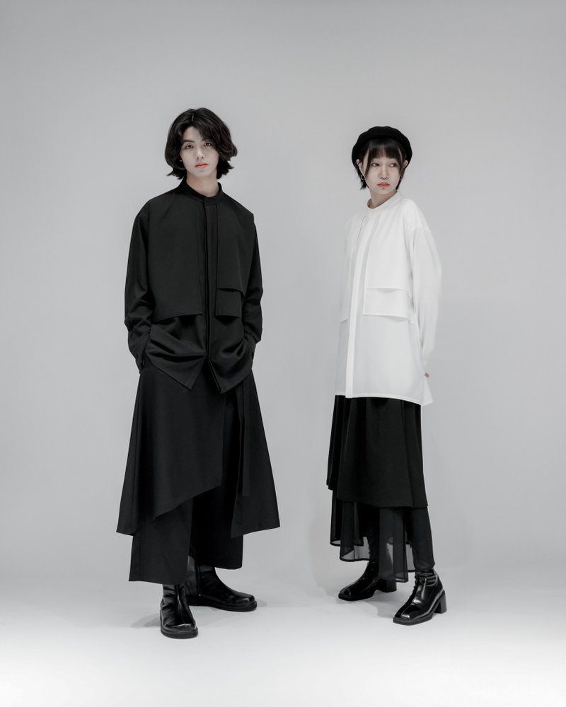 MUKK DESIGN 裁片造型立领衬衫-黑 - 男装衬衫 - 聚酯纤维 黑色