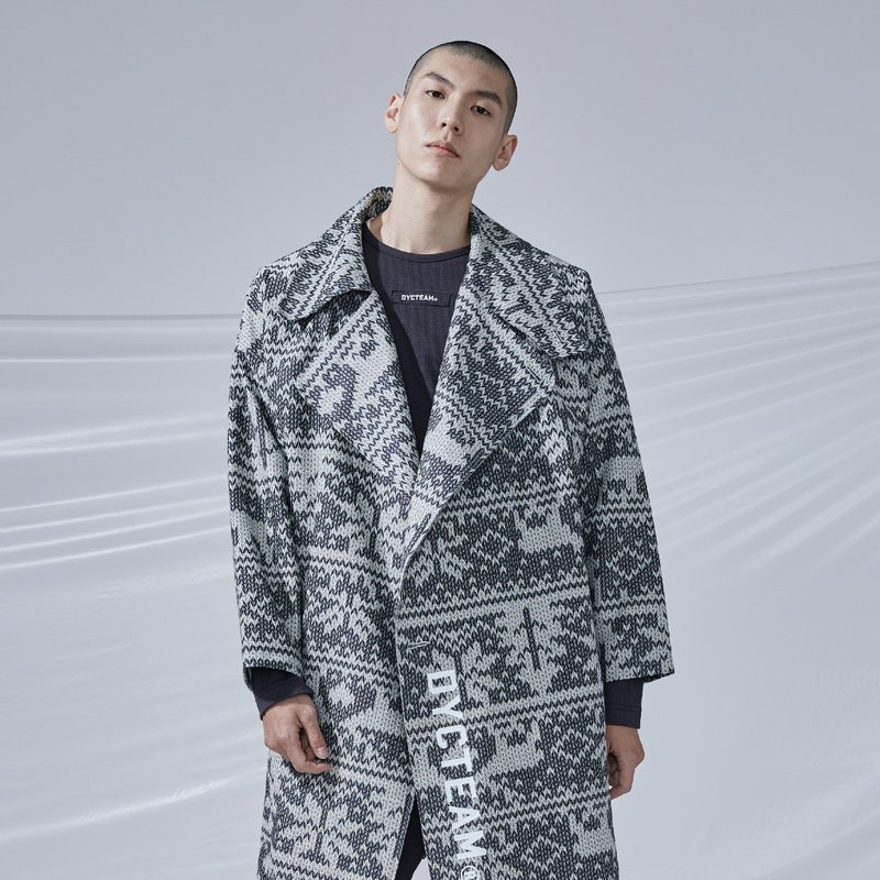 DYCTEAM - Woven Pattern Jacquard Trend Coat 雪花大翻领大衣 - 男装外套 - 棉．麻 蓝色