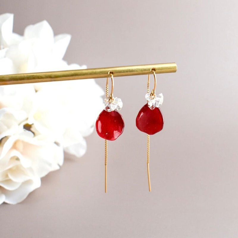 真玫瑰 × 赫基蒙钻耳环 - 耳环/耳夹 - 其他材质 红色