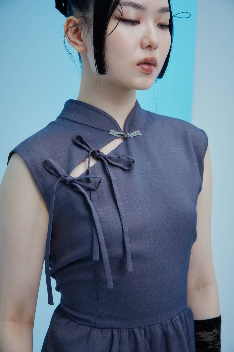 烦恼心灰色改良式旗袍小洋装 - 洋装/连衣裙 - 聚酯纤维 灰色