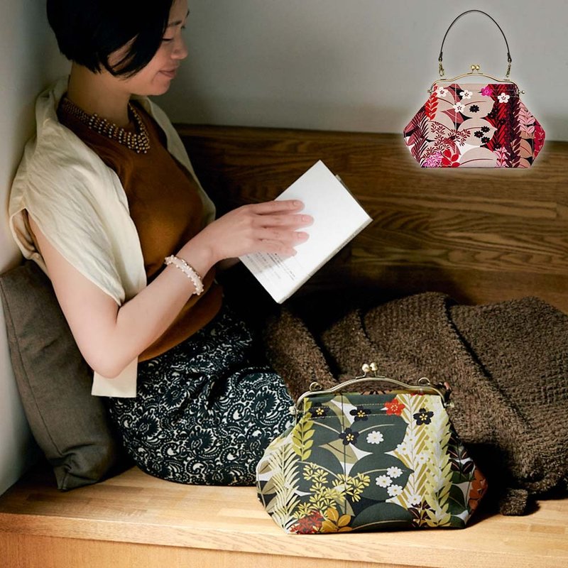 横长便携口金包 植物园 Botanical Garden 手提包 Frame Bag 附牛皮提把 日本制 - 手提包/手提袋 - 棉．麻 红色