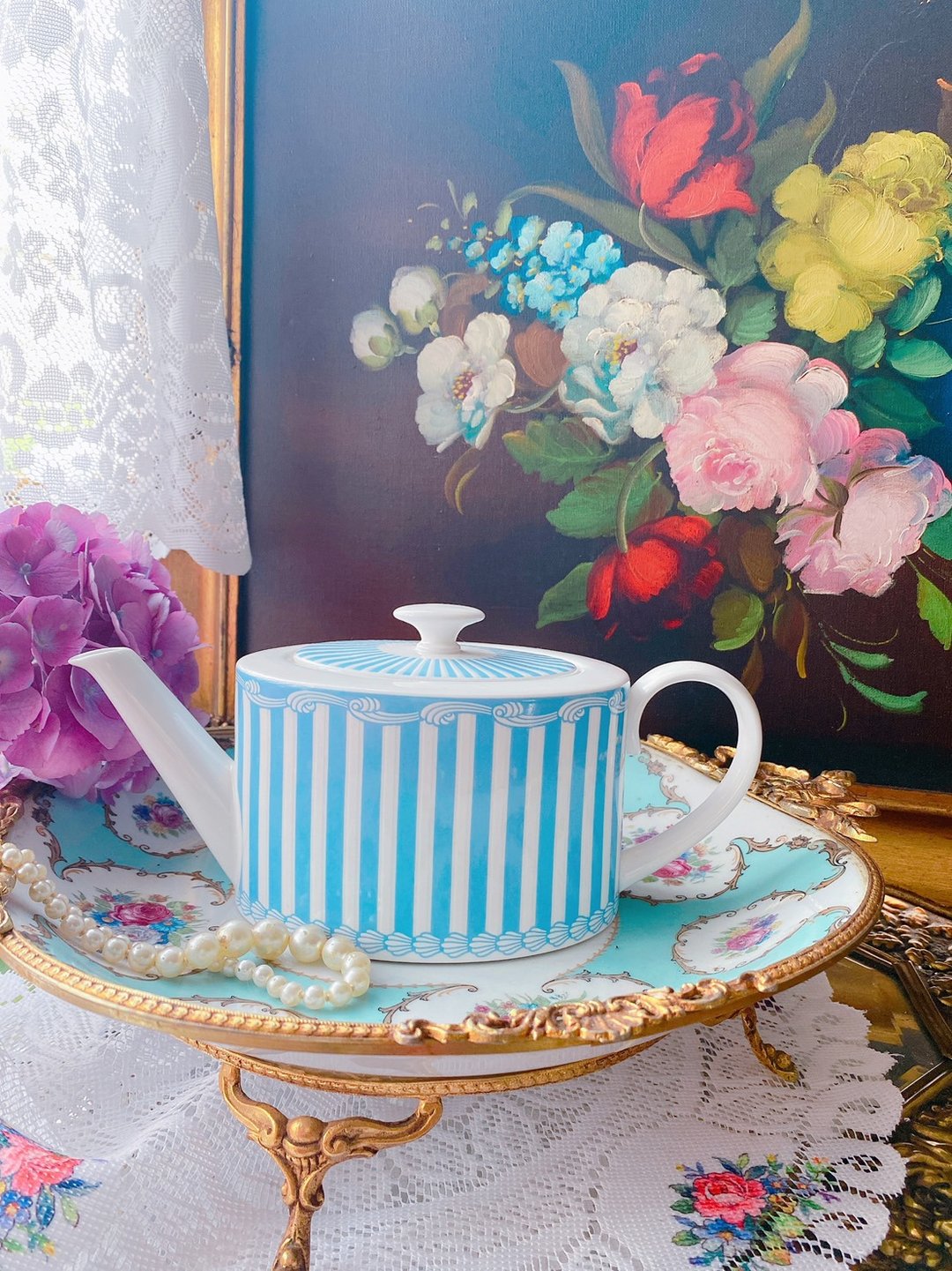 英国制手工壶水蓝条纹 Tiffany蓝下午茶双人壶花茶壶咖啡壶库存品 - 茶具/茶杯 - 瓷 
