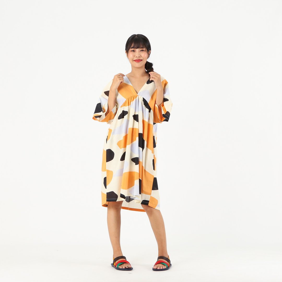 Short Dress Cotton Digital Print Screen Free Size - 洋装/连衣裙 - 棉．麻 黄色