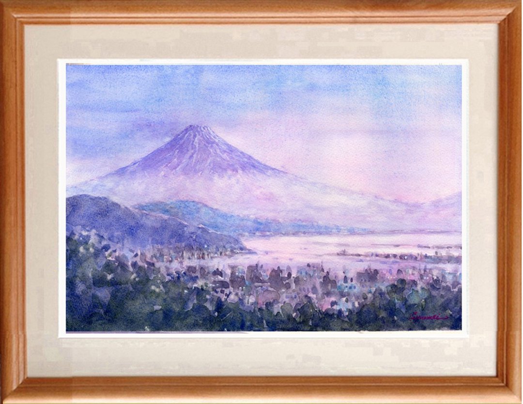 Original watercolor painting Mt. Fuji at sunrise - 海报/装饰画/版画 - 纸 紫色