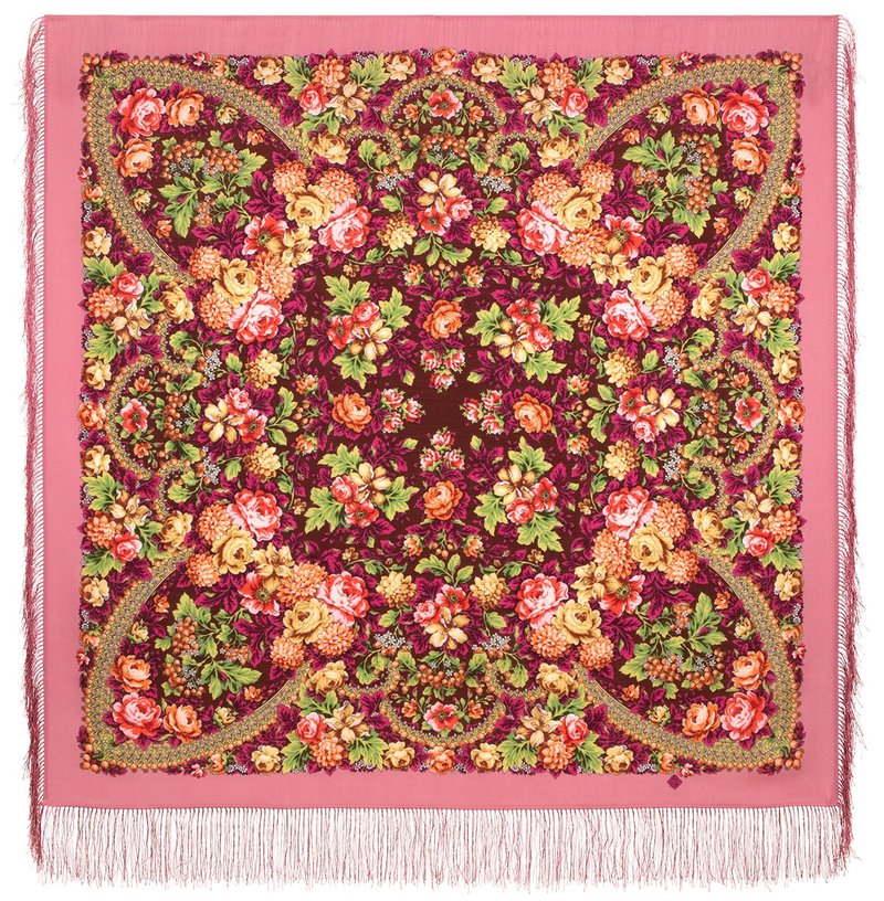 Pavlovo Posad 俄罗斯披肩 100% 羊毛围巾 125x125 厘米包裹式丝绸流苏 2082-3 - 丝巾 - 羊毛 粉红色