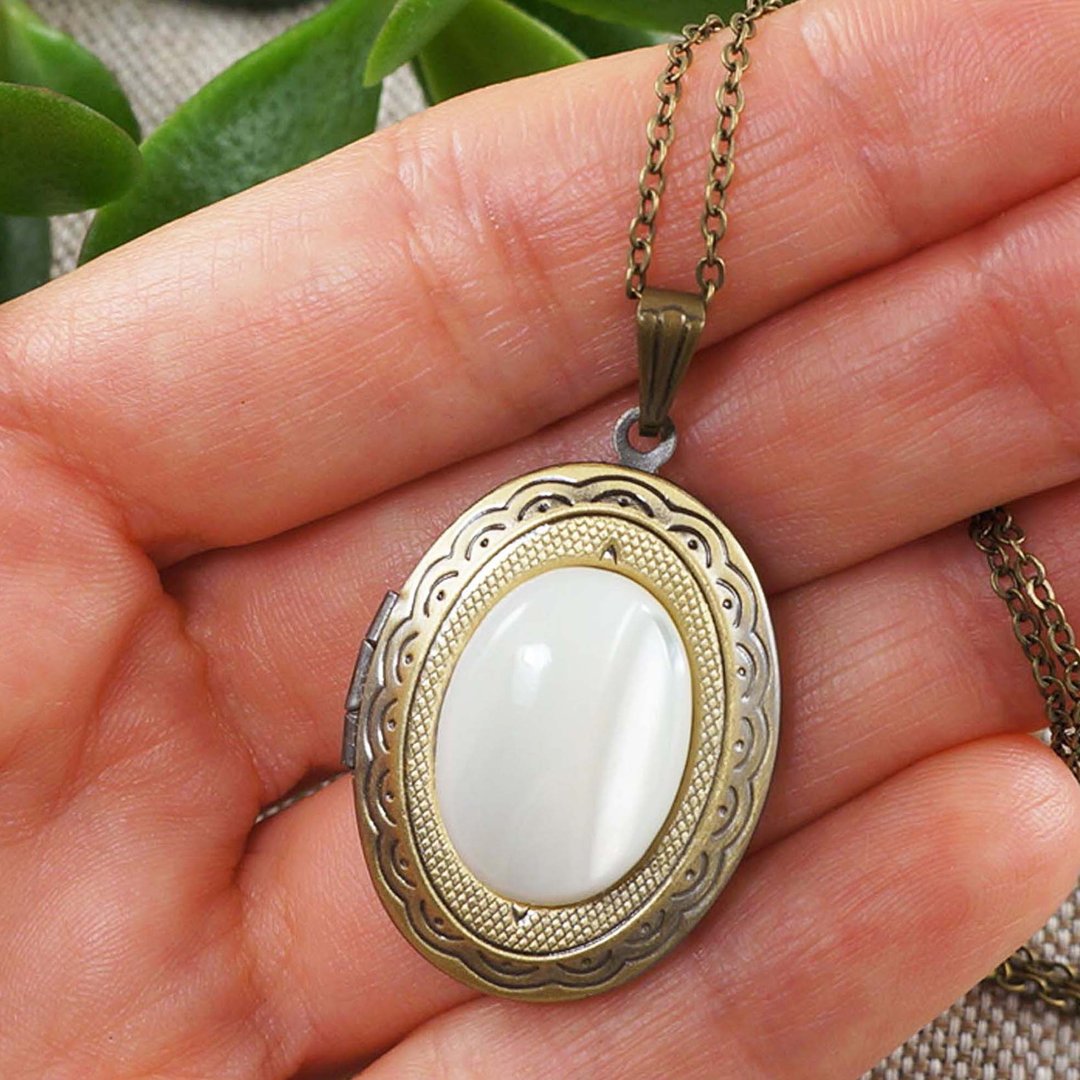 White Mother of Pearl MOP Oval Bronze Photo Locket Wedding Necklace Jewelry Gift - 项链 - 其他材质 白色