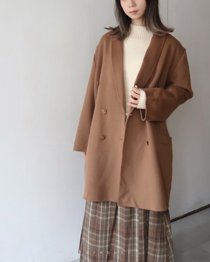 复古剪裁日本制克什米尔羊毛驼色古着大衣外套 - 女装休闲/机能外套 - 羊毛 咖啡色