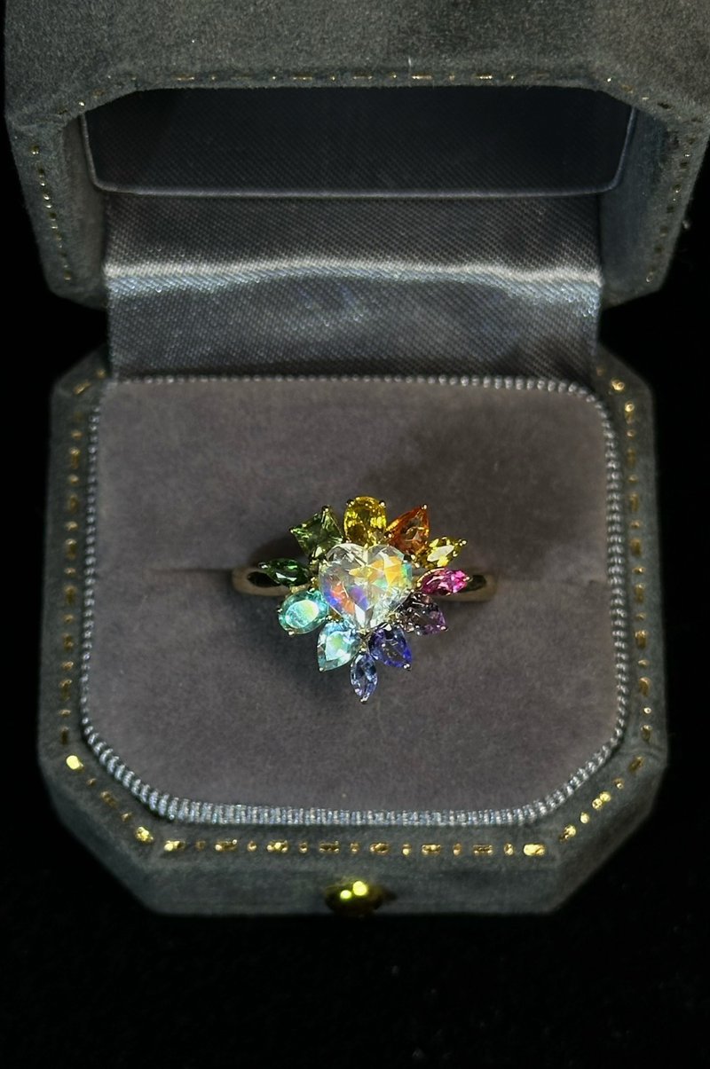 14 K金 马达加斯加彩虹月亮石 橄榄石 石榴石 坦桑石 紫晶 戒指 - 戒指 - 贵金属 多色