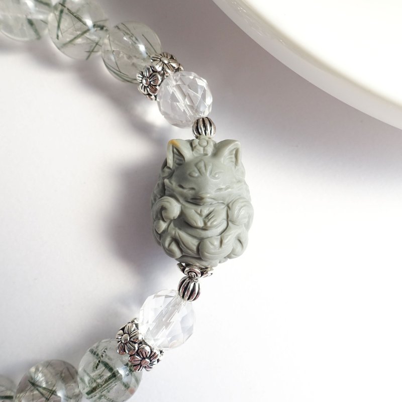 I 正财 事业运 I 绿发晶 × 白水晶 × 阿拉善 繁花狐狸 纯银手环 - 手链/手环 - 水晶 绿色