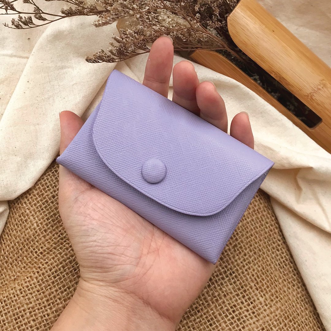 【零钱卡包】粉紫色十字纹牛皮/万用杂物收纳包/简约随身小钱包 - 名片夹/名片盒 - 真皮 紫色