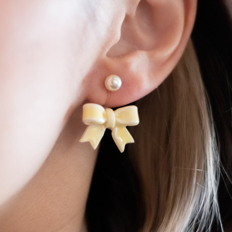 蝴蝶结 软陶耳环 / 耳夹 / 耳针/ Luminous Yellow - 耳环/耳夹 - 粘土 黄色