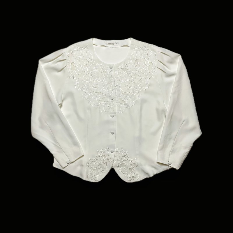 日本古着刺绣蕾丝镂空长袖衬衫 - 女装衬衫 - 聚酯纤维 白色
