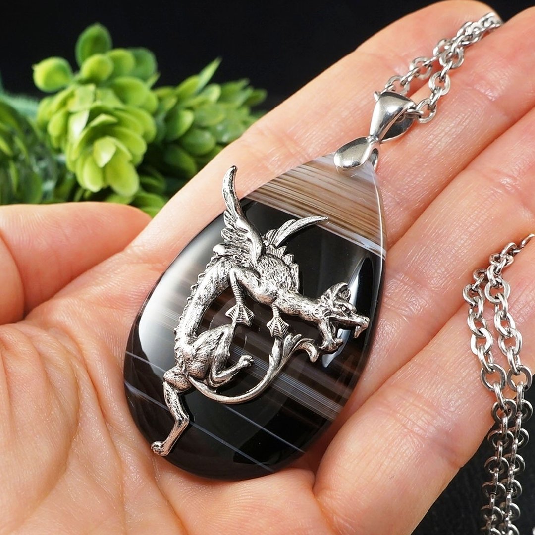 Dragon Griffon Black Agate Silver Griffin Gryphon Pendant Necklace Jewelry Gift - 项链 - 半宝石 黑色
