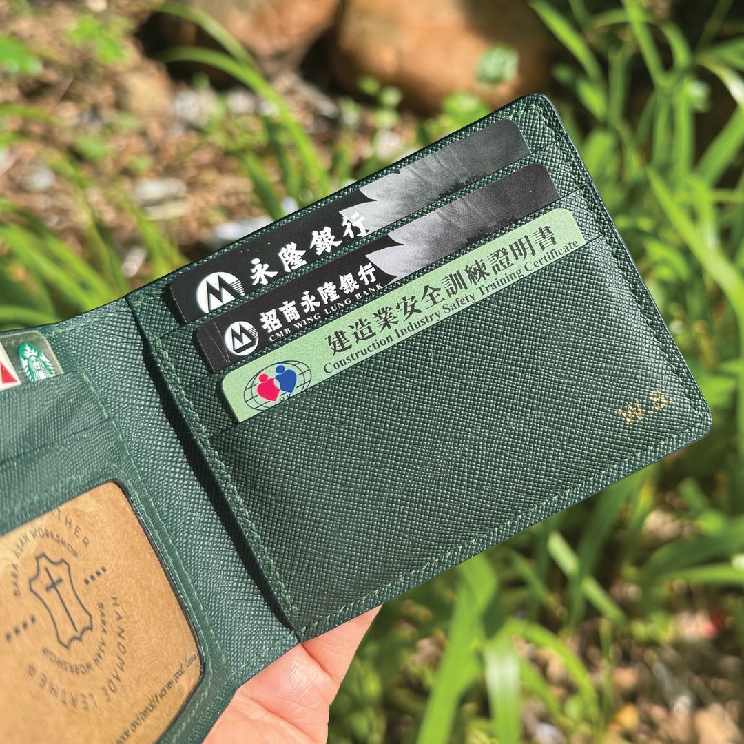 绿色十字纹牛皮 短银包 经典两折皮夹 纯手工制 - 皮夹/钱包 - 真皮 绿色