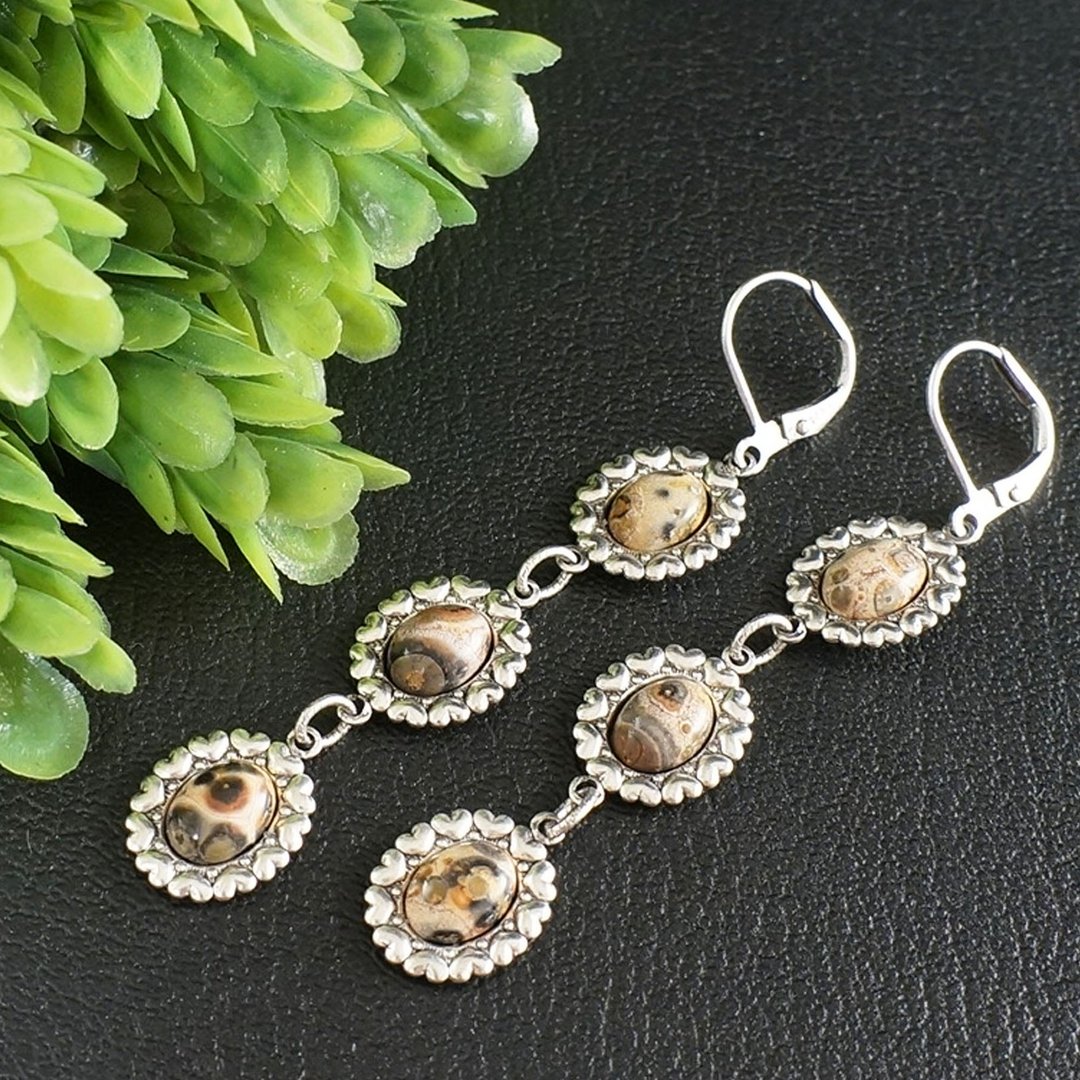 Beige Brown Leopard Skin Jasper Taupe Silver Long Earrings Woman Jewelry Gift - 耳环/耳夹 - 半宝石 卡其色