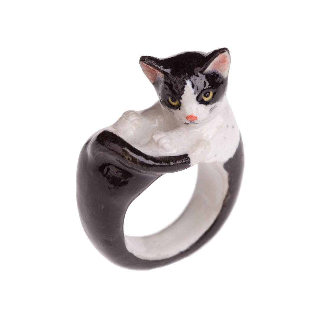 AndMary 手绘瓷戒指-黑白猫 礼盒装 Black and White Cat Ring - 戒指 - 瓷 黑色